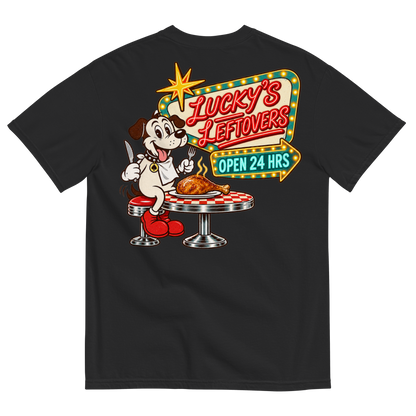 Lucky's Leftovers T-Shirt in Black, back print, Lucky the cartoon dog in a bib with knife and fork eyeing a turkey leg at a retro diner