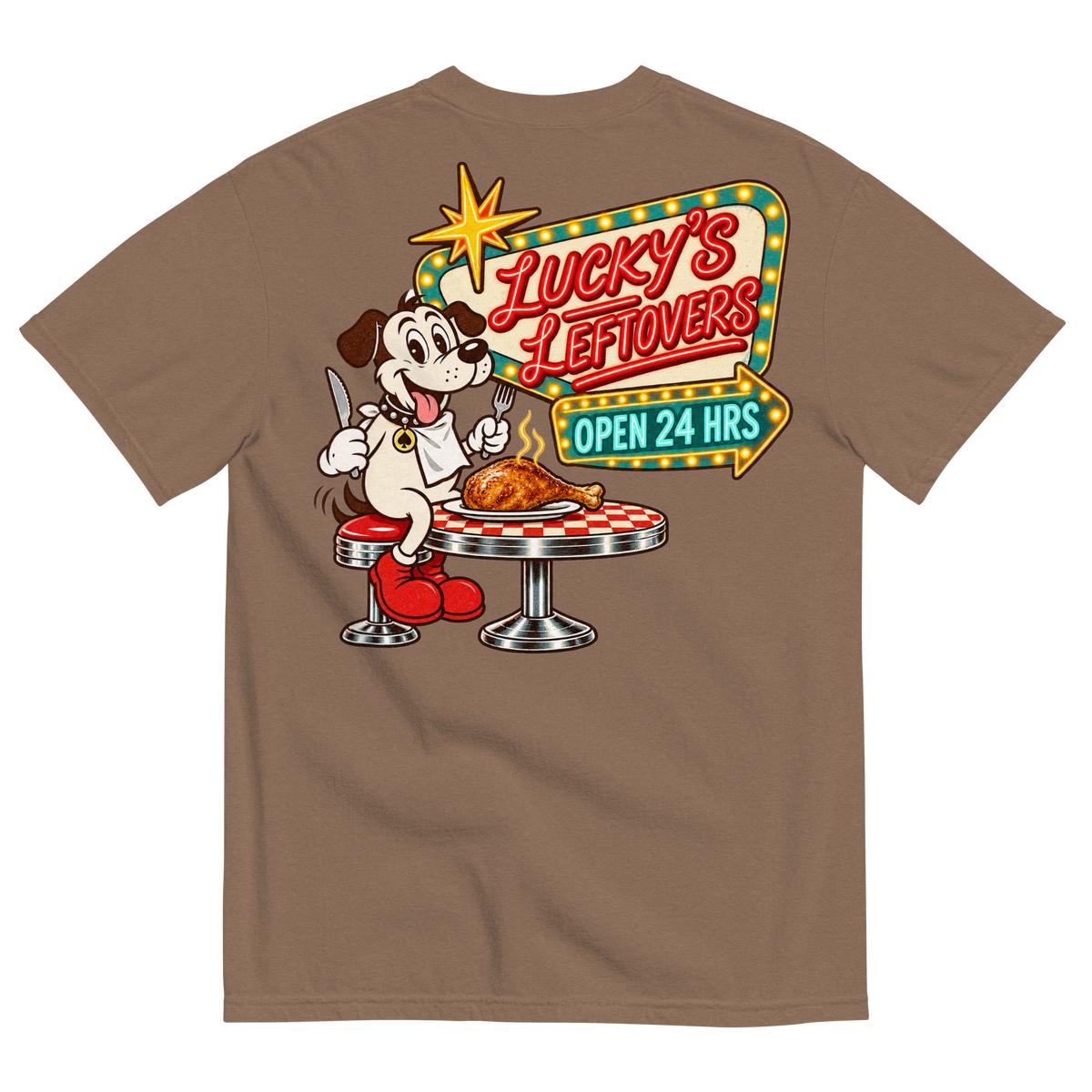 Lucky's Leftovers T-Shirt in Espresso, back print, Lucky the cartoon dog in a bib with knife and fork eyeing a turkey leg at a retro diner
