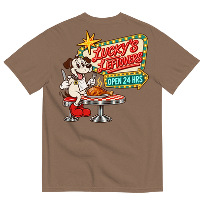 Lucky's Leftovers T-Shirt in Espresso, back print, Lucky the cartoon dog in a bib with knife and fork eyeing a turkey leg at a retro diner