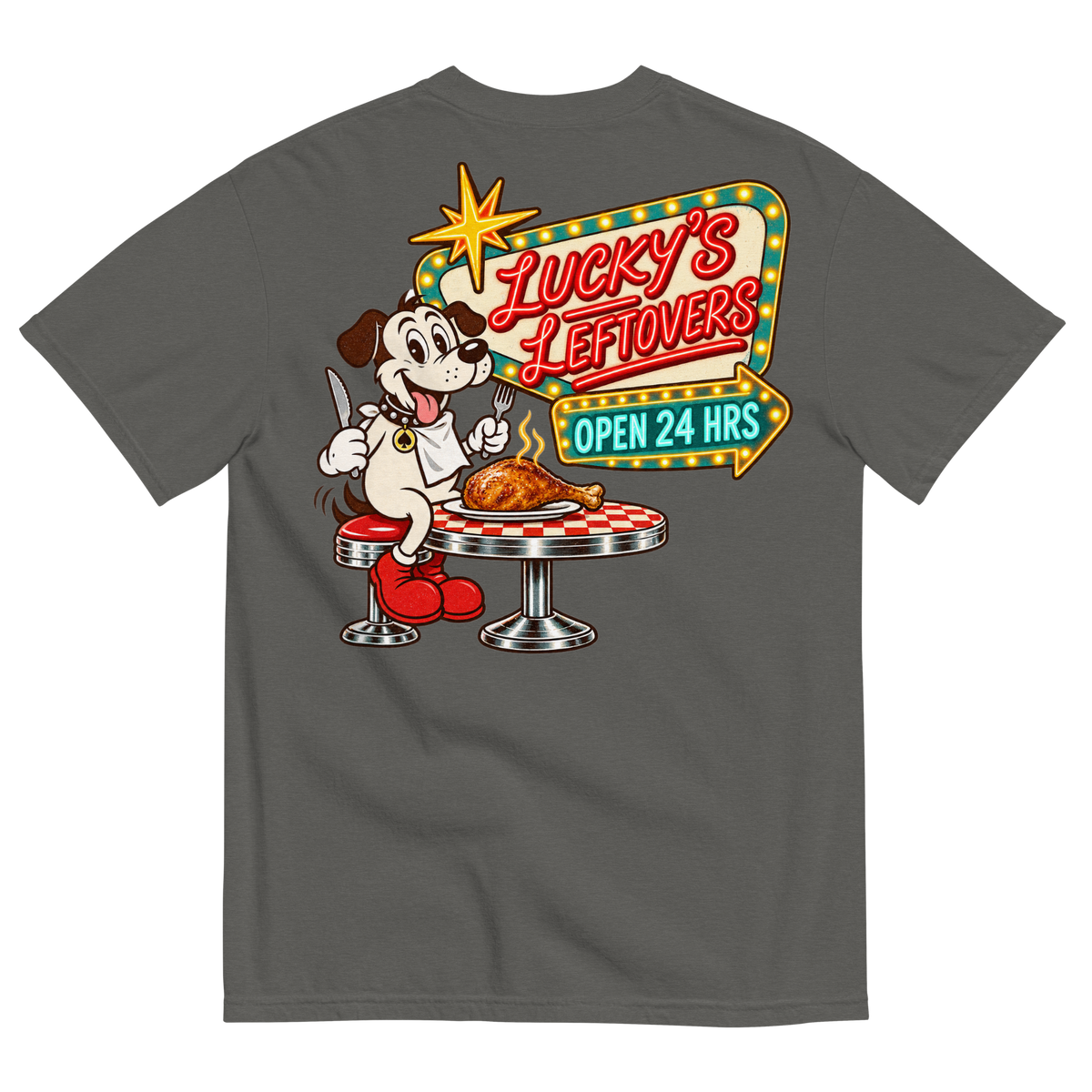 Lucky's Leftovers T-Shirt in Pepper, back print, Lucky the cartoon dog in a bib with knife and fork eyeing a turkey leg at a retro diner