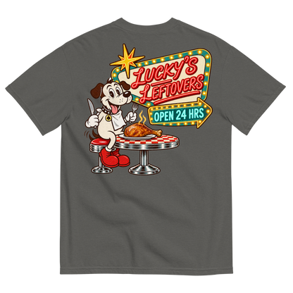 Lucky's Leftovers T-Shirt in Pepper, back print, Lucky the cartoon dog in a bib with knife and fork eyeing a turkey leg at a retro diner