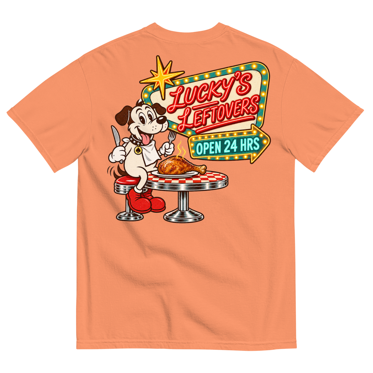 Lucky's Leftovers T-Shirt in Terracotta, back print, Lucky the cartoon dog in a bib with knife and fork eyeing a turkey leg at a retro diner
