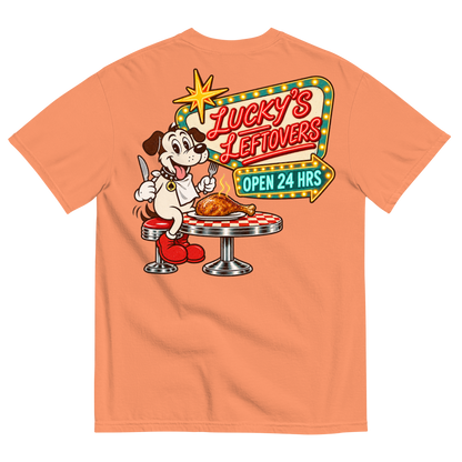 Lucky's Leftovers T-Shirt in Terracotta, back print, Lucky the cartoon dog in a bib with knife and fork eyeing a turkey leg at a retro diner