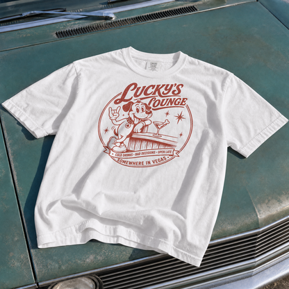 Lucky's Lounge T-Shirt lifestyle photo, Lucky the dog retro Vegas cocktail lounge graphic