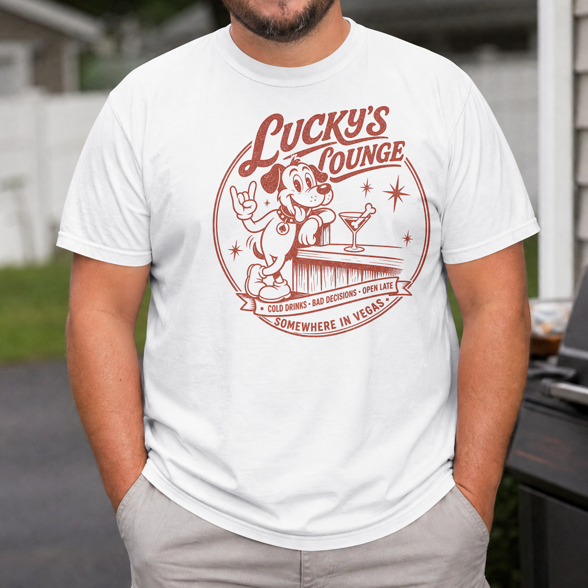 Lucky's Lounge T-Shirt lifestyle photo, Lucky the dog retro Vegas cocktail lounge graphic