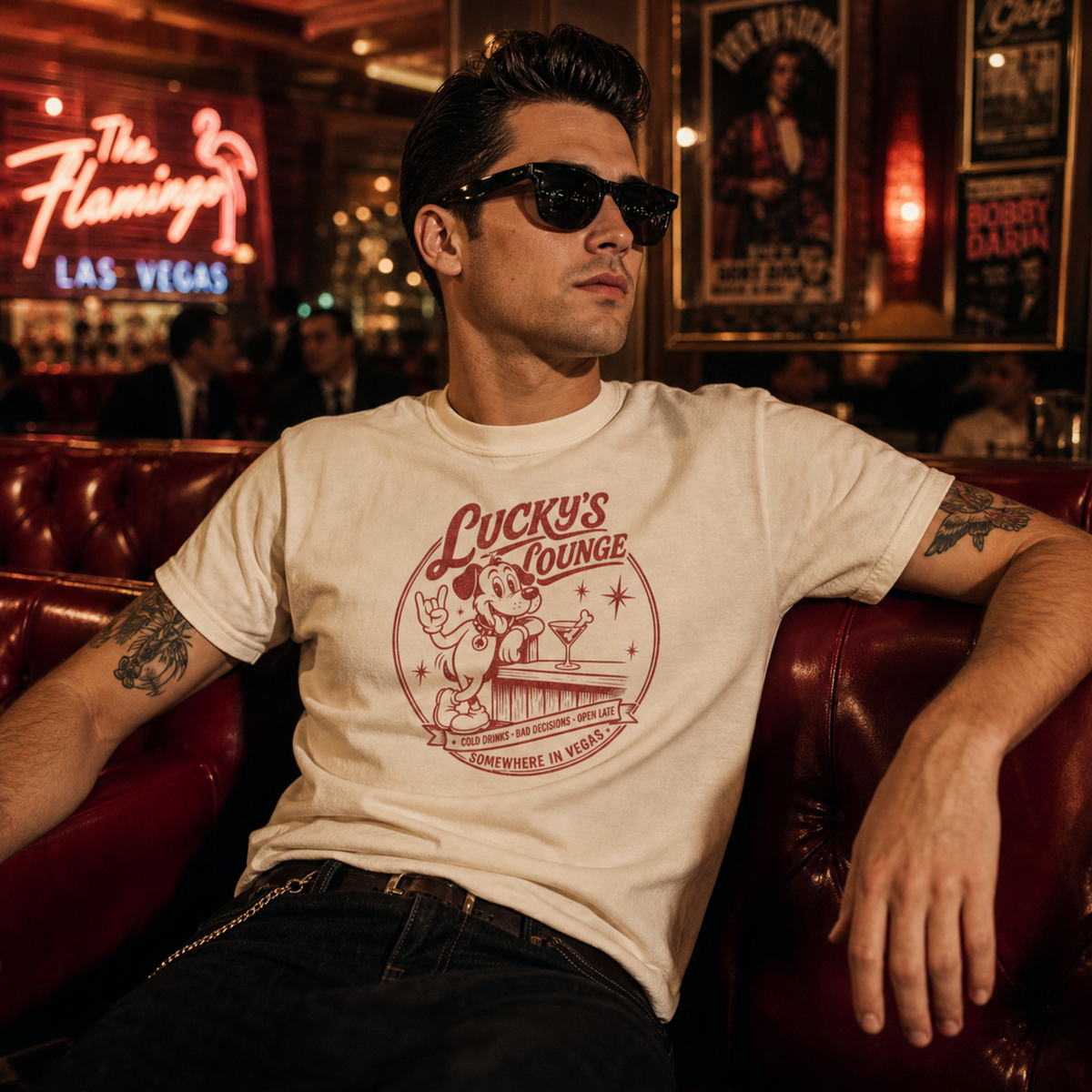 Lucky's Lounge T-Shirt lifestyle photo, Lucky the dog retro Vegas cocktail lounge graphic
