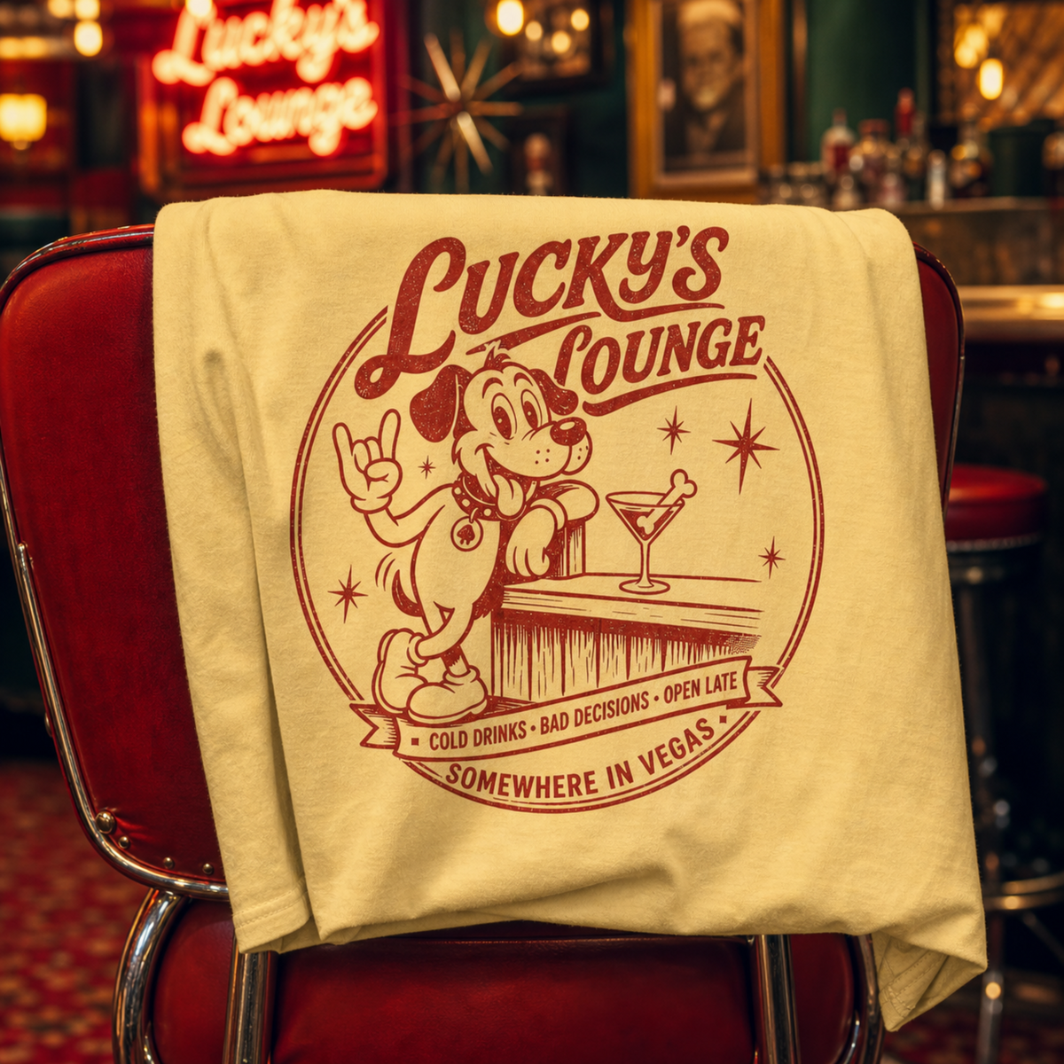 Lucky's Lounge T-Shirt in Butter, Lucky the dog retro Vegas cocktail lounge graphic