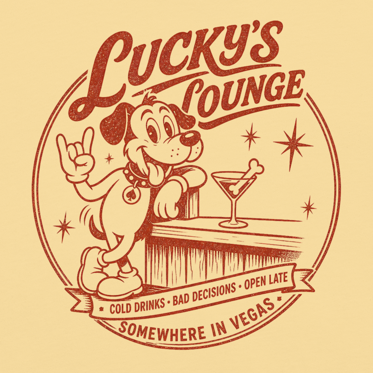 Lucky's Lounge T-Shirt in Butter, front view, Lucky the dog retro Vegas cocktail lounge graphic