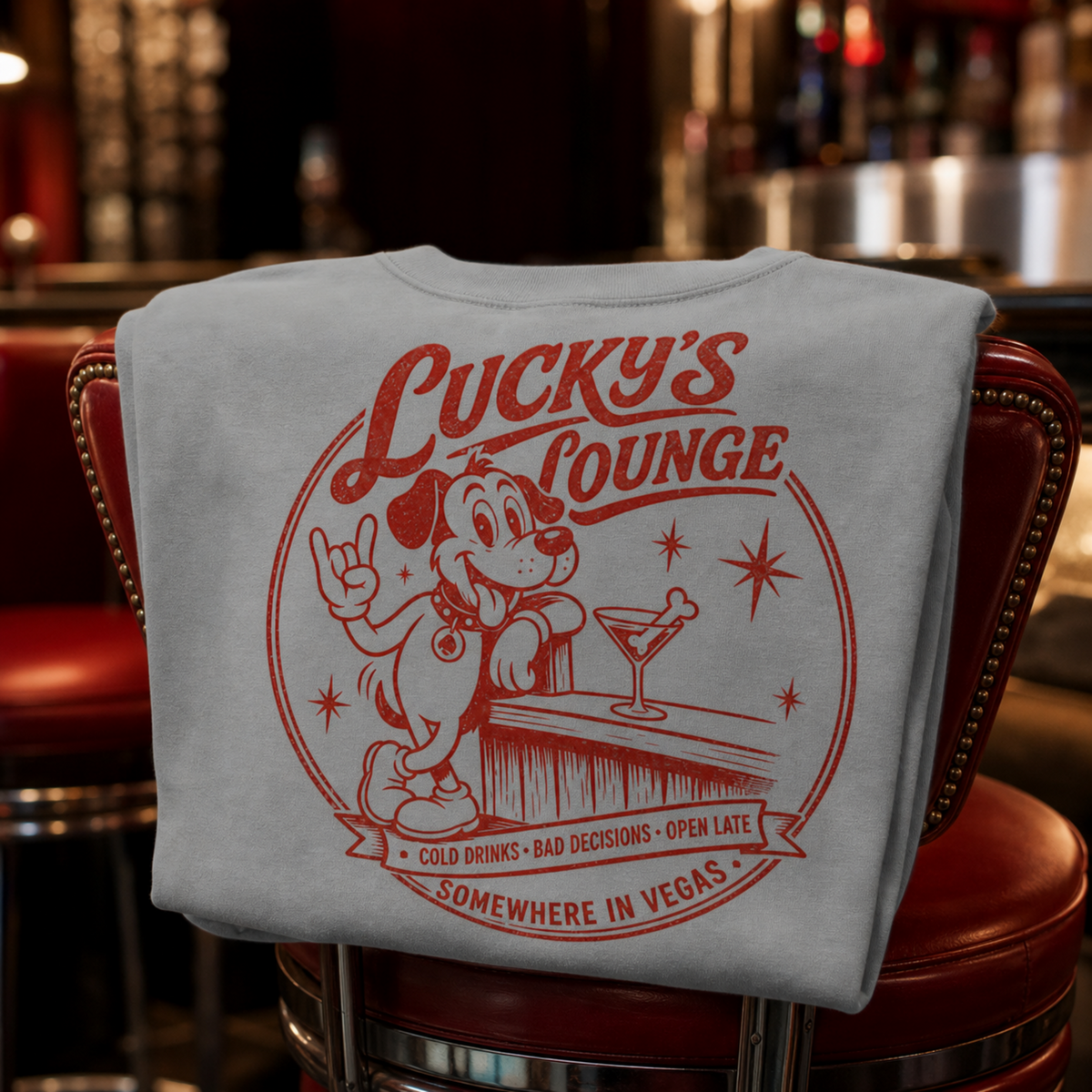 Lucky's Lounge T-Shirt in Granite, Lucky the dog retro Vegas cocktail lounge graphic