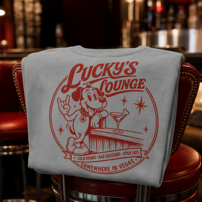 Lucky's Lounge T-Shirt in Granite, Lucky the dog retro Vegas cocktail lounge graphic