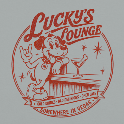 Lucky's Lounge T-Shirt in Granite, front view, Lucky the dog retro Vegas cocktail lounge graphic