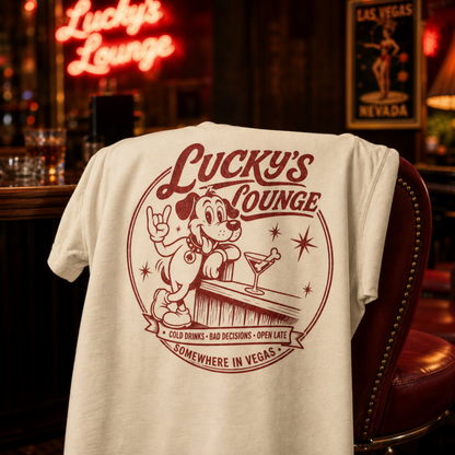 Lucky's Lounge T-Shirt in Ivory, Lucky the dog retro Vegas cocktail lounge graphic