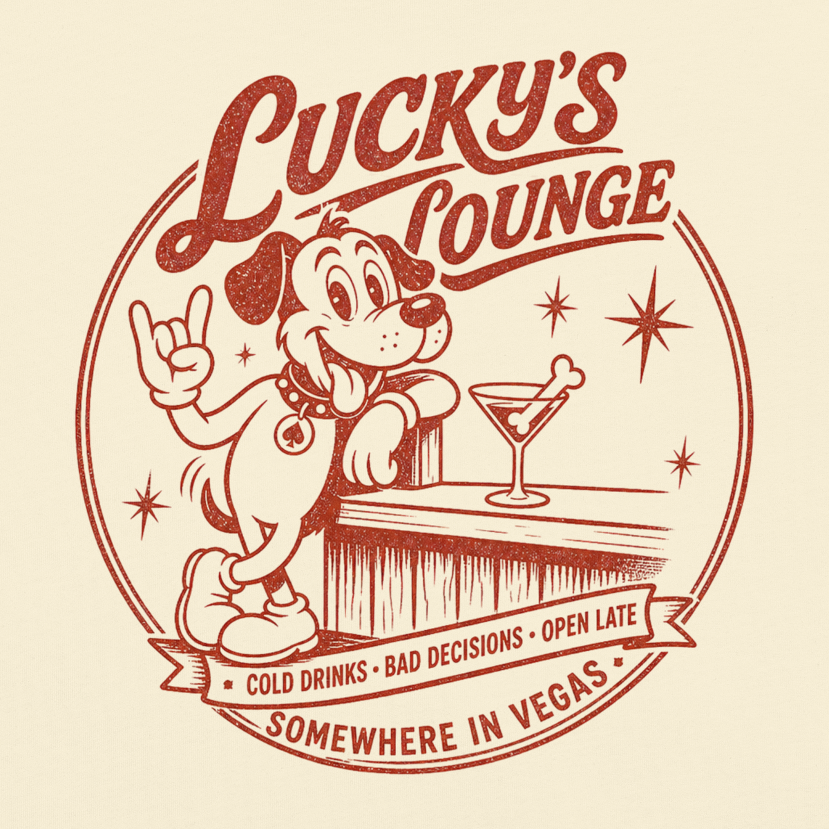 Lucky's Lounge T-Shirt in Ivory, front view, Lucky the dog retro Vegas cocktail lounge graphic
