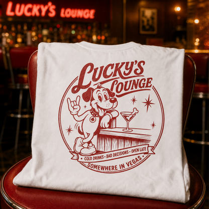 Lucky's Lounge T-Shirt in White, Lucky the dog retro Vegas cocktail lounge graphic