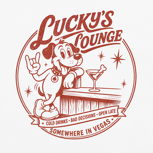 Lucky's Lounge T-Shirt in White, front view, Lucky the dog retro Vegas cocktail lounge graphic