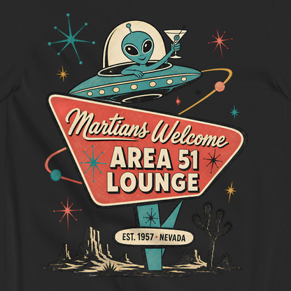 Martians Welcome Area 51 Lounge T-Shirt in Black, close-up of the back print, alien in a flying saucer over a retro lounge sign
