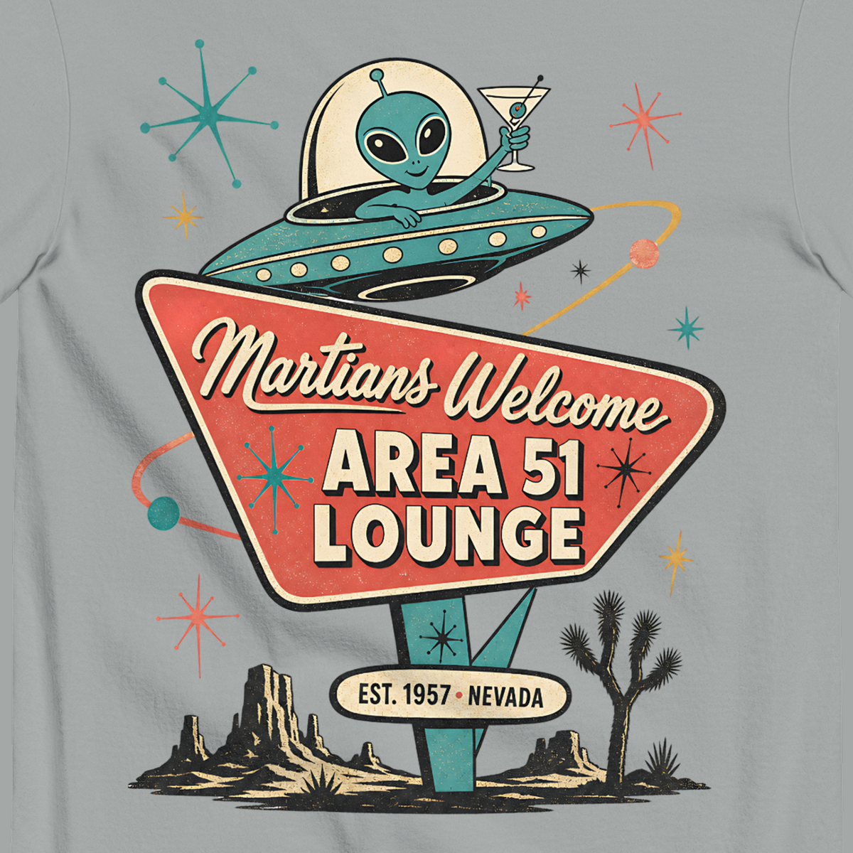 Martians Welcome Area 51 Lounge T-Shirt in Granite, close-up of the back print, alien in a flying saucer over a retro lounge sign