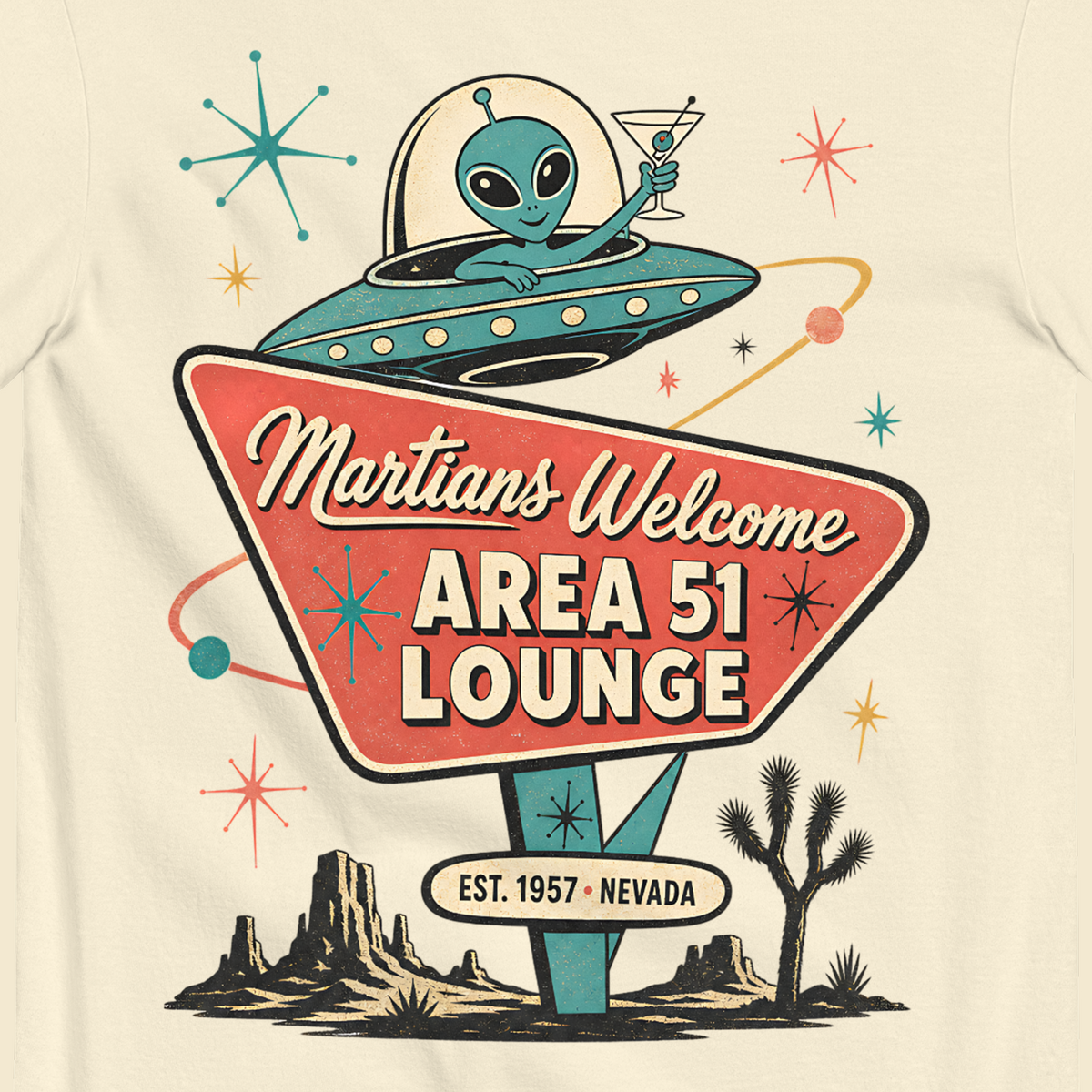 Martians Welcome Area 51 Lounge T-Shirt in Ivory, close-up of the back print, alien in a flying saucer over a retro lounge sign