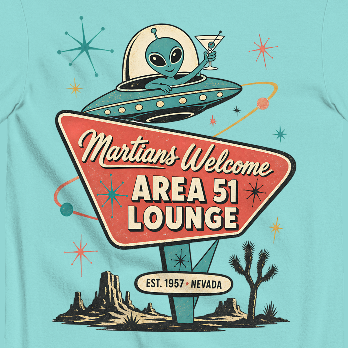 Martians Welcome Area 51 Lounge T-Shirt in Lagoon Blue, close-up of the back print, alien in a flying saucer over a retro lounge sign