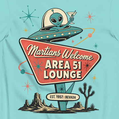 Martians Welcome Area 51 Lounge T-Shirt in Lagoon Blue, close-up of the back print, alien in a flying saucer over a retro lounge sign