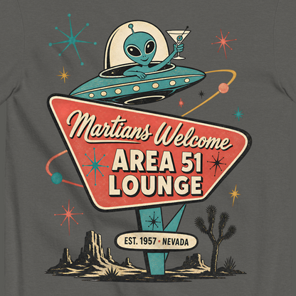Martians Welcome Area 51 Lounge T-Shirt in Pepper, close-up of the back print, alien in a flying saucer over a retro lounge sign
