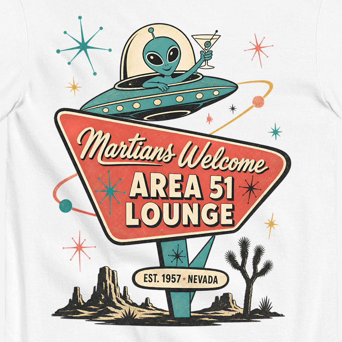 Martians Welcome Area 51 Lounge T-Shirt in White, close-up of the back print, alien in a flying saucer over a retro lounge sign