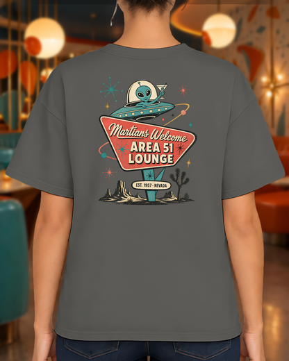 Martians Welcome Area 51 Lounge T-Shirt lifestyle photo, back view of the Pepper tee in a retro atomic-age cocktail lounge