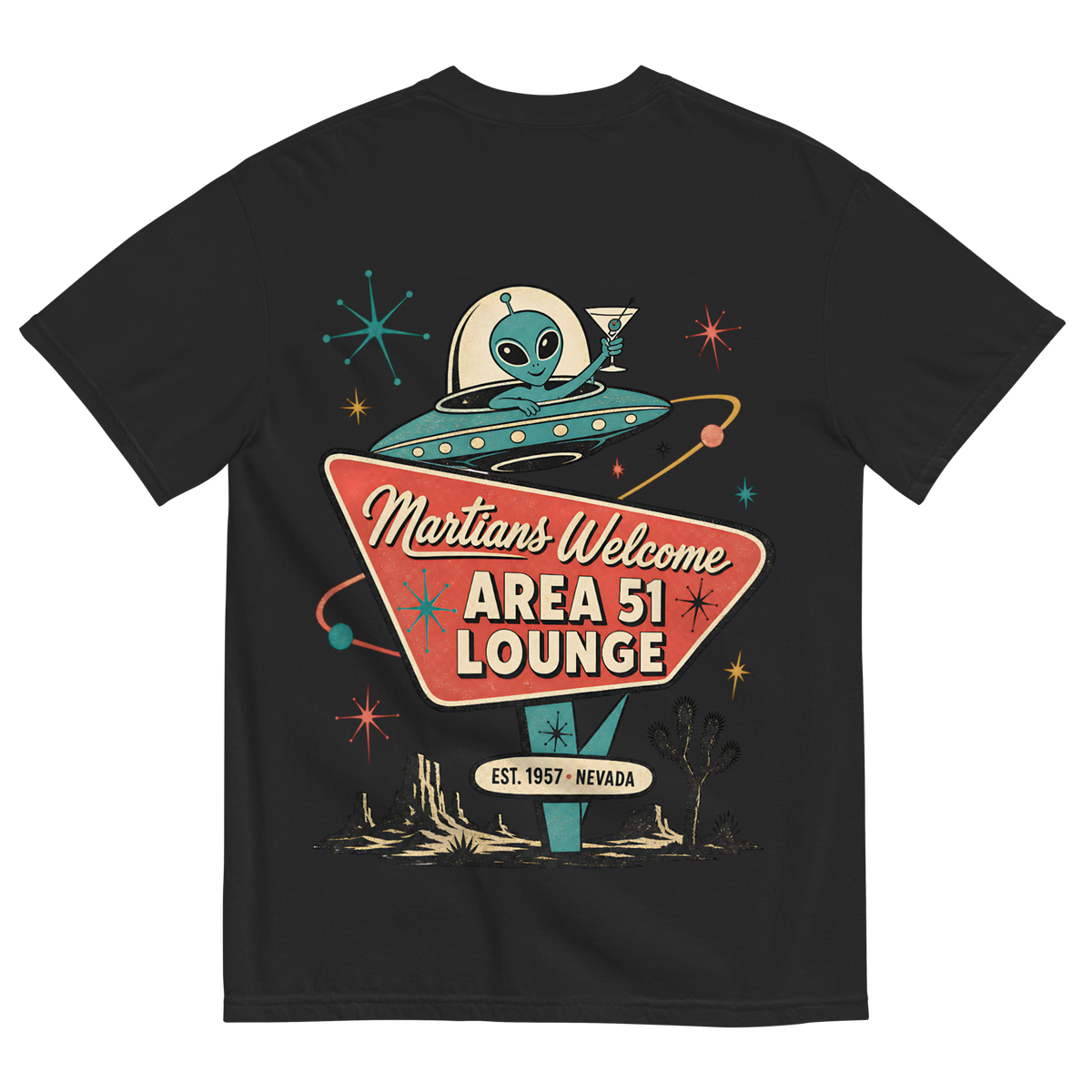 Martians Welcome Area 51 Lounge T-Shirt in Black, back print, retro Area 51 lounge sign with a martini-toasting alien