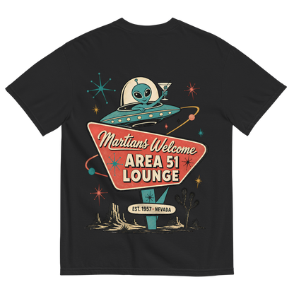 Martians Welcome Area 51 Lounge T-Shirt in Black, back print, retro Area 51 lounge sign with a martini-toasting alien