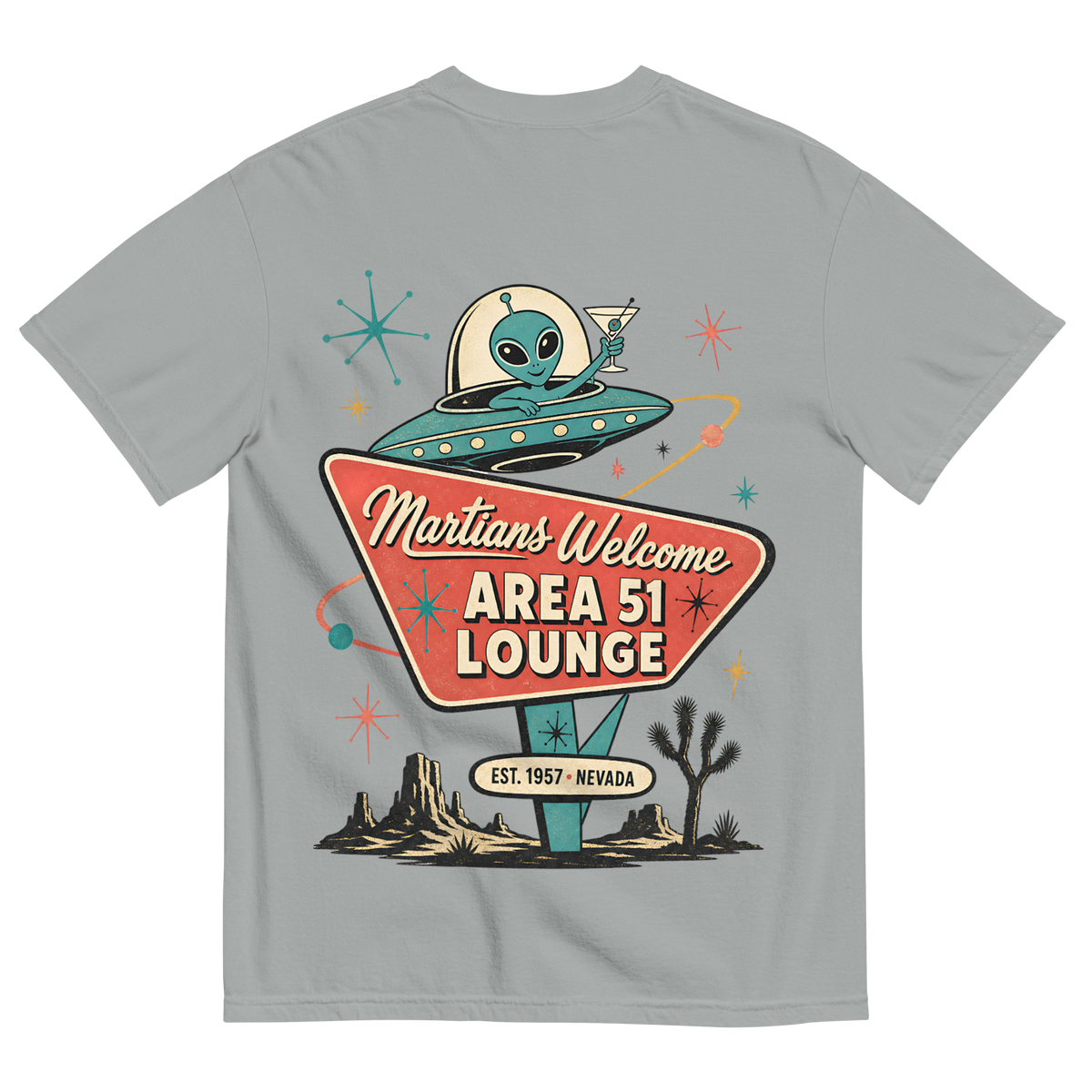 Martians Welcome Area 51 Lounge T-Shirt in Granite, back print, retro Area 51 lounge sign with a martini-toasting alien