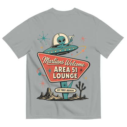 Martians Welcome Area 51 Lounge T-Shirt in Granite, back print, retro Area 51 lounge sign with a martini-toasting alien