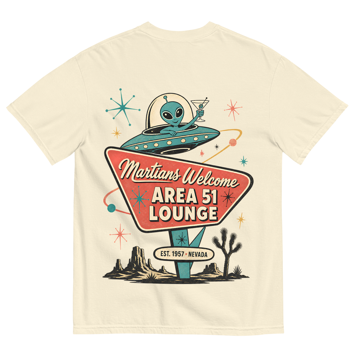 Martians Welcome Area 51 Lounge T-Shirt in Ivory, back print, retro Area 51 lounge sign with a martini-toasting alien
