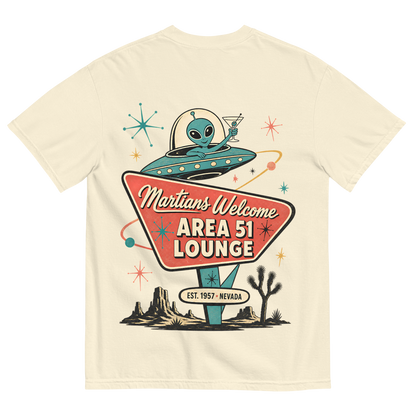 Martians Welcome Area 51 Lounge T-Shirt in Ivory, back print, retro Area 51 lounge sign with a martini-toasting alien