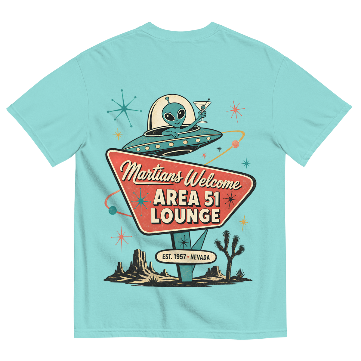 Martians Welcome Area 51 Lounge T-Shirt in Lagoon Blue, back print, retro Area 51 lounge sign with a martini-toasting alien