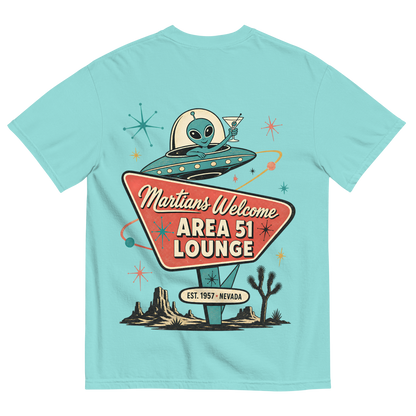 Martians Welcome Area 51 Lounge T-Shirt in Lagoon Blue, back print, retro Area 51 lounge sign with a martini-toasting alien