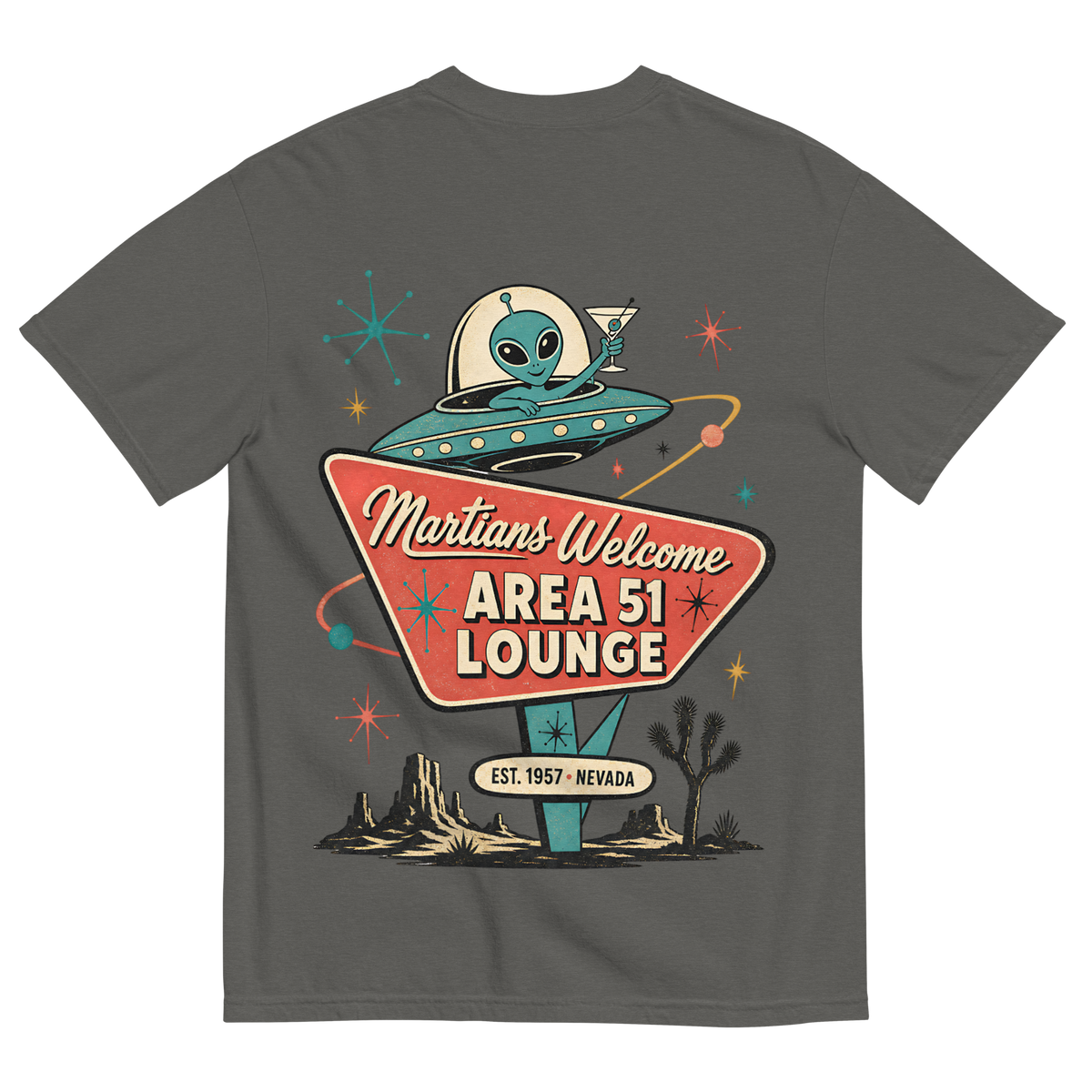 Martians Welcome Area 51 Lounge T-Shirt in Pepper, back print, retro Area 51 lounge sign with a martini-toasting alien