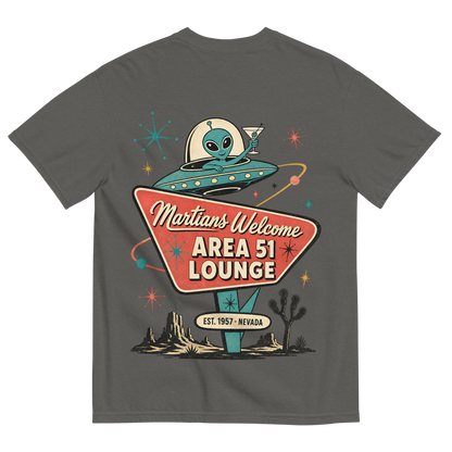 Martians Welcome Area 51 Lounge T-Shirt in Pepper, back print, retro Area 51 lounge sign with a martini-toasting alien