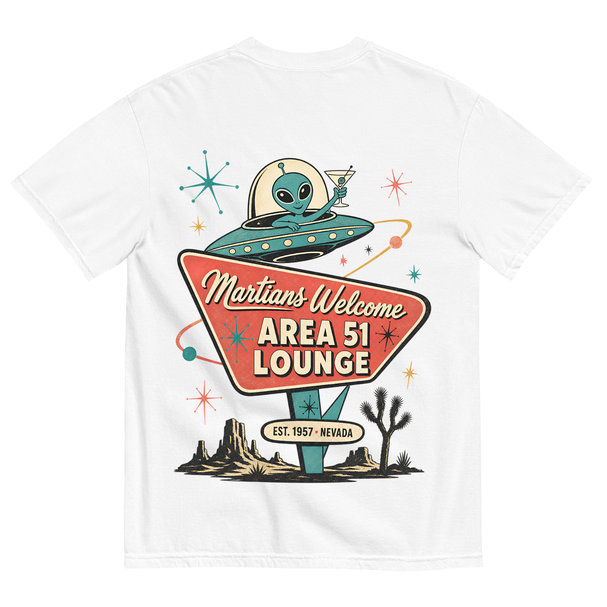 Martians Welcome Area 51 Lounge T-Shirt in White, back print, retro Area 51 lounge sign with a martini-toasting alien