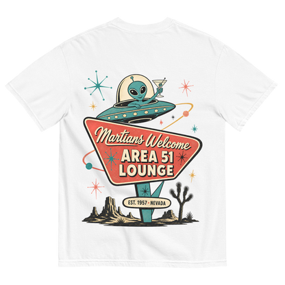 Martians Welcome Area 51 Lounge T-Shirt in White, back print, retro Area 51 lounge sign with a martini-toasting alien