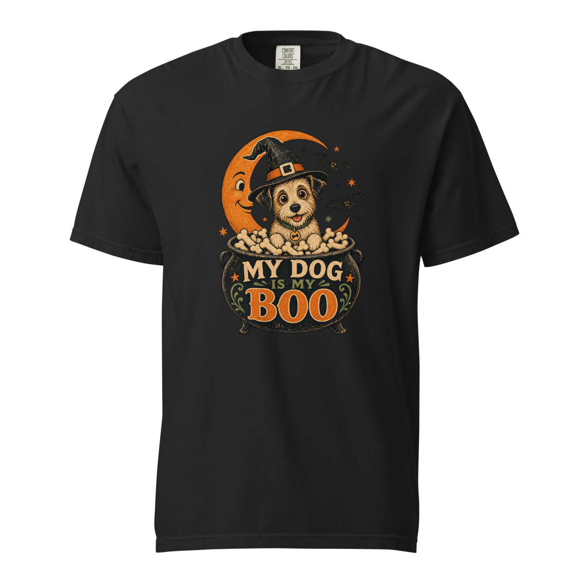 My Dog Is My Boo T-Shirt in Black, front view, retro Halloween dog in a witch hat graphic