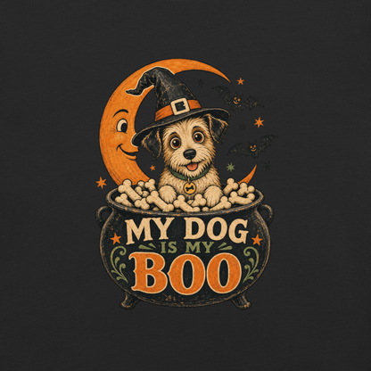 My Dog Is My Boo T-Shirt in Black, front view (alternate mockup), retro Halloween dog in a witch hat graphic