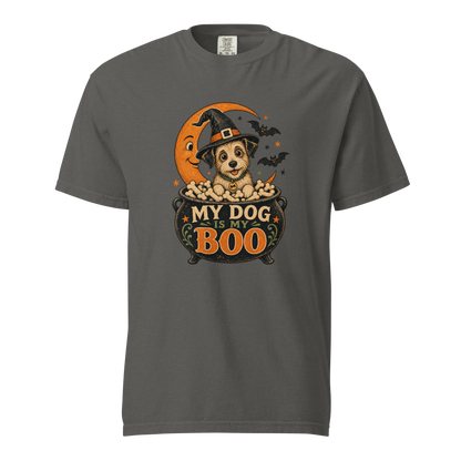 My Dog Is My Boo T-Shirt in Pepper, front view, retro Halloween dog in a witch hat graphic
