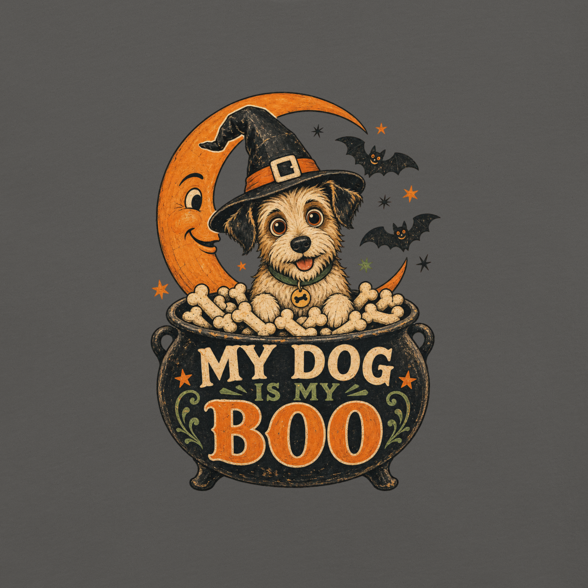 My Dog Is My Boo T-Shirt in Pepper, front view (alternate mockup), retro Halloween dog in a witch hat graphic