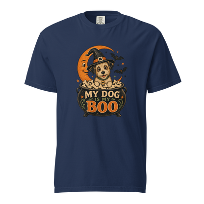 My Dog Is My Boo T-Shirt in True Navy, front view, retro Halloween dog in a witch hat graphic