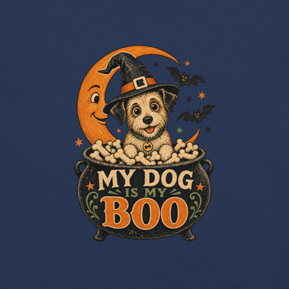 My Dog Is My Boo T-Shirt in True Navy, front view (alternate mockup), retro Halloween dog in a witch hat graphic