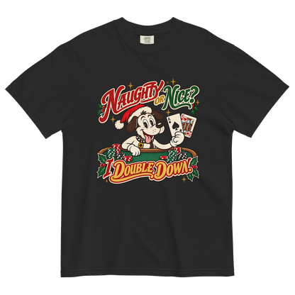 Naughty or Nice? I Double Down T-Shirt in Black, front view, Lucky the dog in a Santa hat playing blackjack graphic