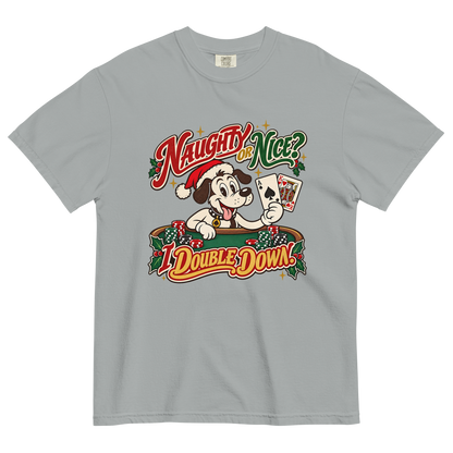Naughty or Nice? I Double Down T-Shirt in Granite, front view, Lucky the dog in a Santa hat playing blackjack graphic