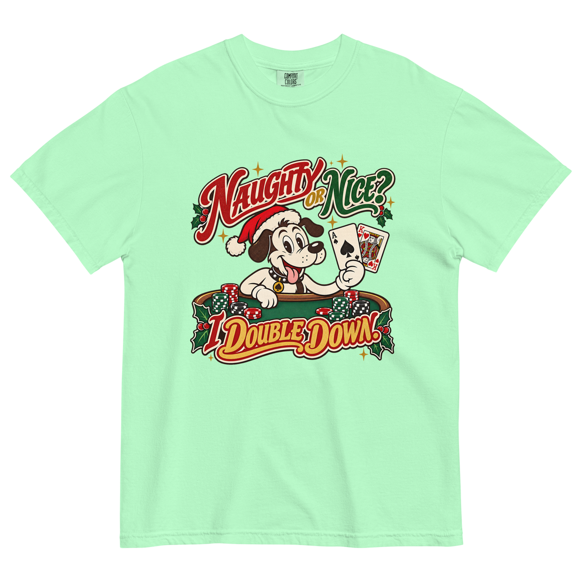 Naughty or Nice? I Double Down T-Shirt in Island Reef, front view, Lucky the dog in a Santa hat playing blackjack graphic