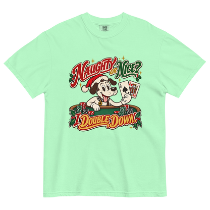Naughty or Nice? I Double Down T-Shirt in Island Reef, front view, Lucky the dog in a Santa hat playing blackjack graphic