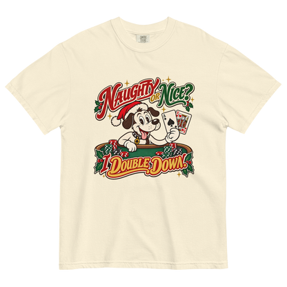 Naughty or Nice? I Double Down T-Shirt in Ivory, front view, Lucky the dog in a Santa hat playing blackjack graphic